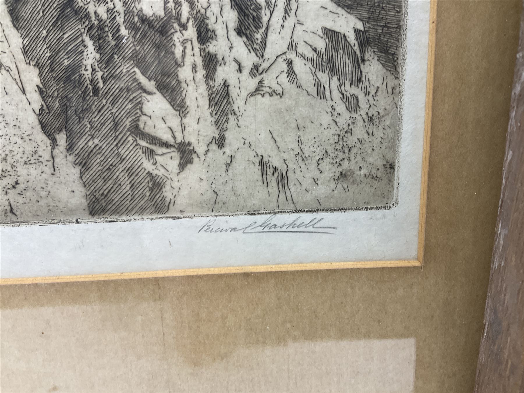 George Percival Gaskell (British 1868-1934): Neuschwanstein Castle Germany, etching signed in pencil together with Julius Komjati (Hungarian 1894-1958): Prisoner in Prayer, etching signed in pencil max 23cm x 25cm (2)