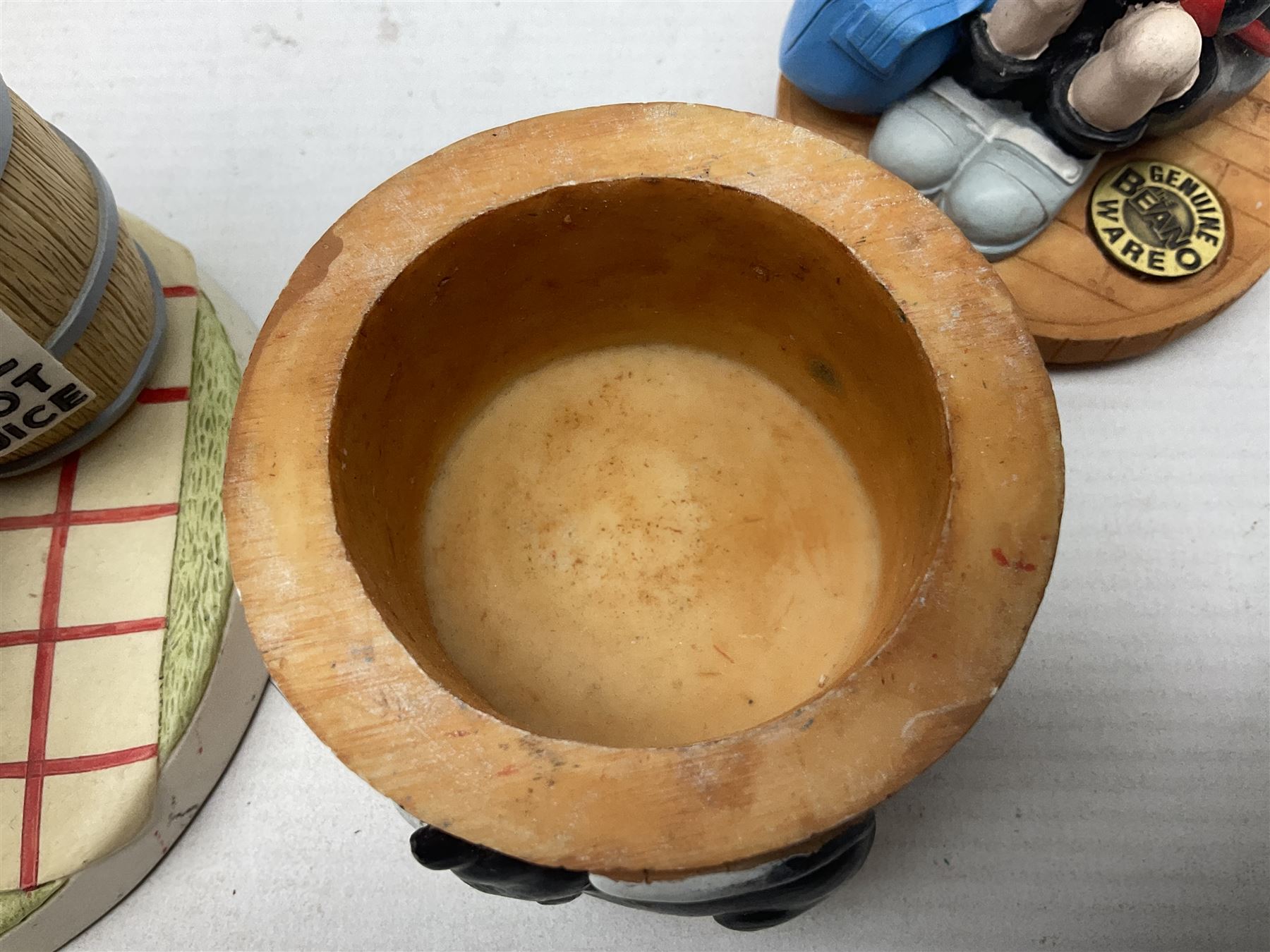 Eleven Robert Harrop figures from the Beano Dandy collection, comprising One Man & His Dawg BDS08, Picnic Desperate Dan BDS04, Fatty BD07, Desperate Dan BD03, Roger the Dodger BD20, Dennis the Menace BD01, Beryl the Peril BD05, Minnie the Minx BD04, Surfing BP03, two Spotty BD16, together with a Genuine Beano Ware lidded box (12)