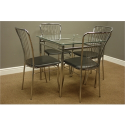  Square chrome and glass top dining table (80cm x 80cm, H76cm) and four chairs  