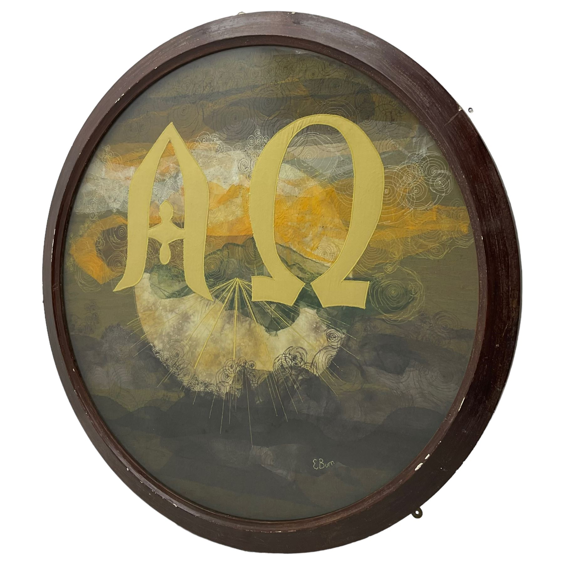 Circular needlework panel depicting Alpha and Omega symbols upon a sunset landscape scene with raised gilt stitching in wooden frame, signed ‘E. Burn’ in thread