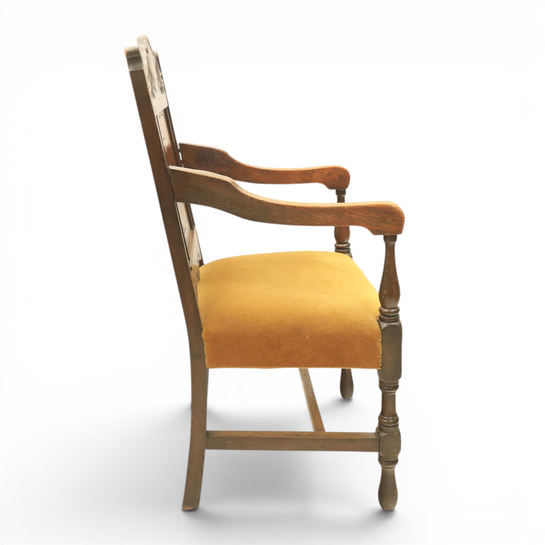 18th century inlaid mahogany armchair, carved back with marquetry panel, overstuffed upholstered seat finished in gold dralon fabric, raised on turned supports united by a stretcher