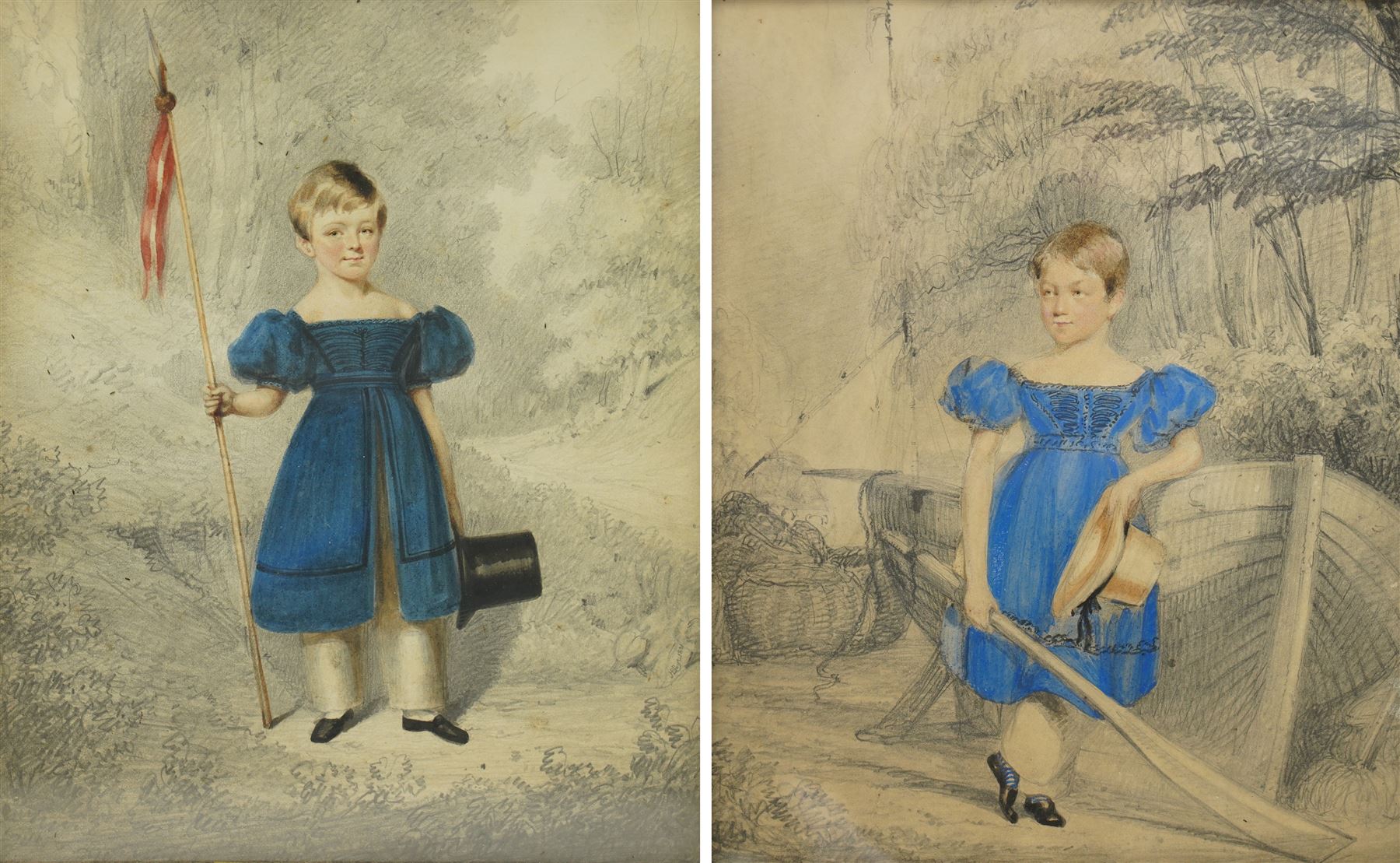 Horace Beevor Love (British 1800-1838): Full Length Portrait of Boys Wearing Blue Dresses with Nautical and Patriotic Motifs, pair of pencil drawings with watercolour, one signed and dated 1831, 25cm x 20cm (2)
Notes: until the age of breeching (5 to 7), it was customary for boys to be dressed in gowns similar to those worn by girls. Practical and symbolic it reflected the innocence of early childhood and was a mark of gentility rather than gender distinction.