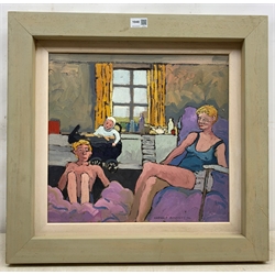 Terence Bennett (Northern British 1935-): Family in the Sitting Room, oil on canvas signed and dated '94, 39cm x 42cm
Notes: Painter and teacher born and lived in Doncaster, attended local art school 1951-56. After National Service taught, giving up teaching in 1971 to paint full time in a mining village near Rotherham. In 1973 gained a Yorkshire Art Fellowship eventually becoming head of art at Thomas Rotherham College Rotherham