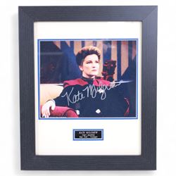 Star Trek Generations 'Two Captains, One Destiny' William Shatner (Captain James T Kirk) and Patrick Stewart (Captain Jean Luc Pickard) limited edition signed photographs, on wooden display board with plaque, limited edition no. 39/995, together with a framed Kate Mulgrew (Captain Janeway) signed photograph, tallest frame H42cm