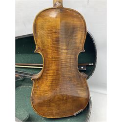 German Hopf violin c1900 with 35.5cm two-piece maple back impressed HOPF, maple ribs and spruce top, also marked HOPF internally L58.5cm overall; in Maidstone ebonised wooden coffin case with bow