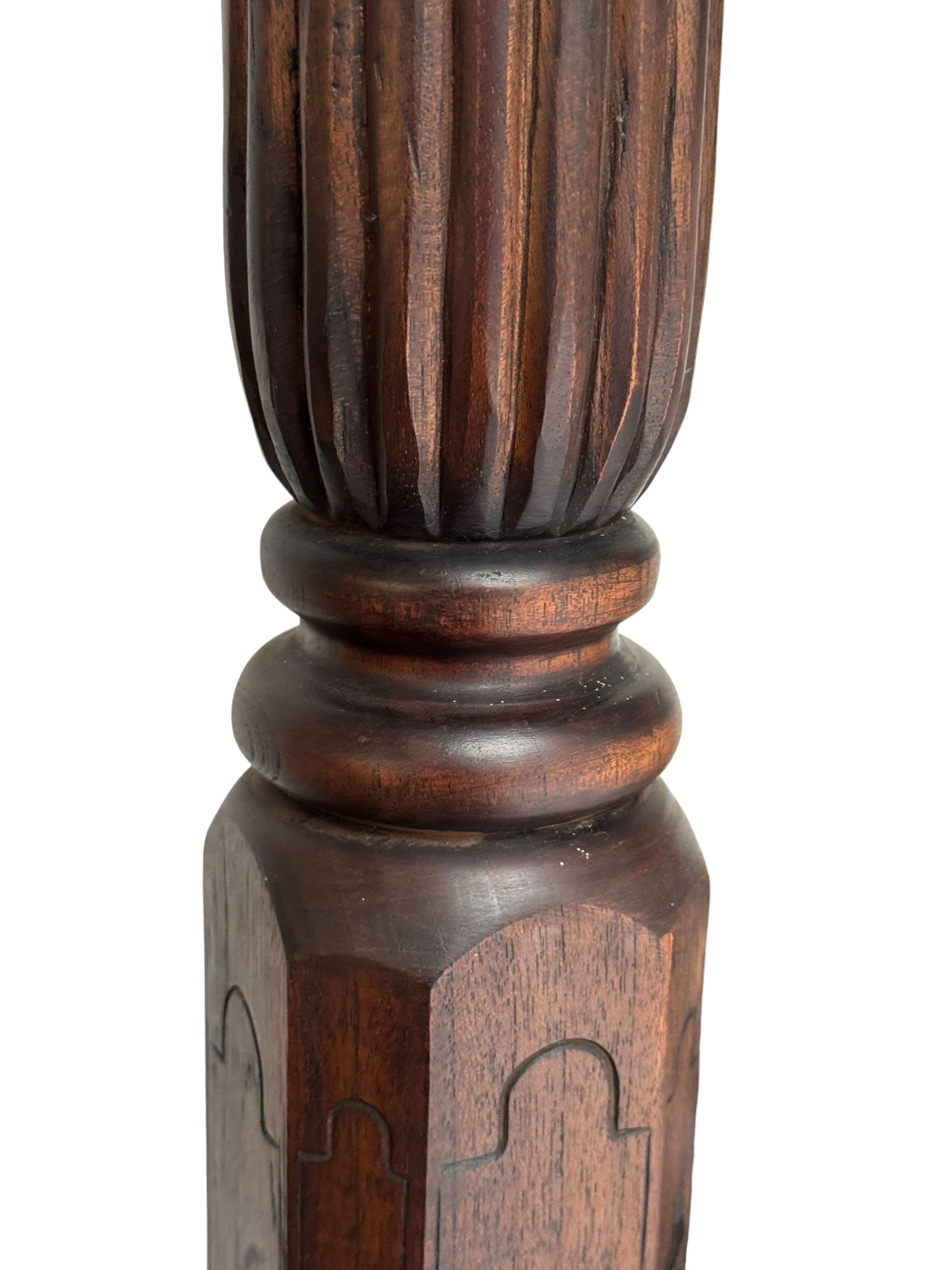 Georgian design Indian sheesham hardwood framed four poster bed, lattice slats to the top supported by reeded cylindrical and octagonal column uprights, the pierced stepped headboard carved with floral motifs, with associated mattress