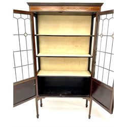 Edwardian inlaid mahogany display cabinet, two lead glazed doors enclosing two lined shelves, square tapering supports on spade feet