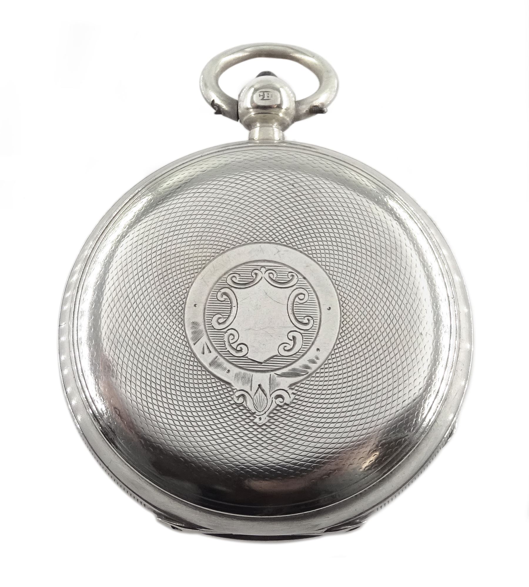 Victorian silver open face English lever fusee pocket watch by Cowans, Airdrie, No. 18235, balance cock with engraved flower decoration, engine turned silver dial with Roman numerals and subsidiary seconds dial, case by Robert Gravenor, Chester 1889