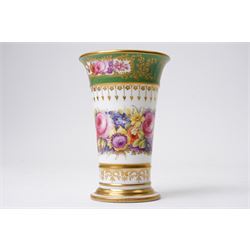 Brown-Westhead, Moore & Co cabinet cup and saucer, with rope twist moulded handle, hand-painted with floral reserves against a white and sky blue ground, heightened profusely with gilt, together with a pink hand-painted example, and a 19th century spill vase and twin-handled covered sucrier (4)