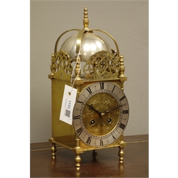  17th century style brass lantern clock, engraved dial with silvered chapter ring, H30cm  