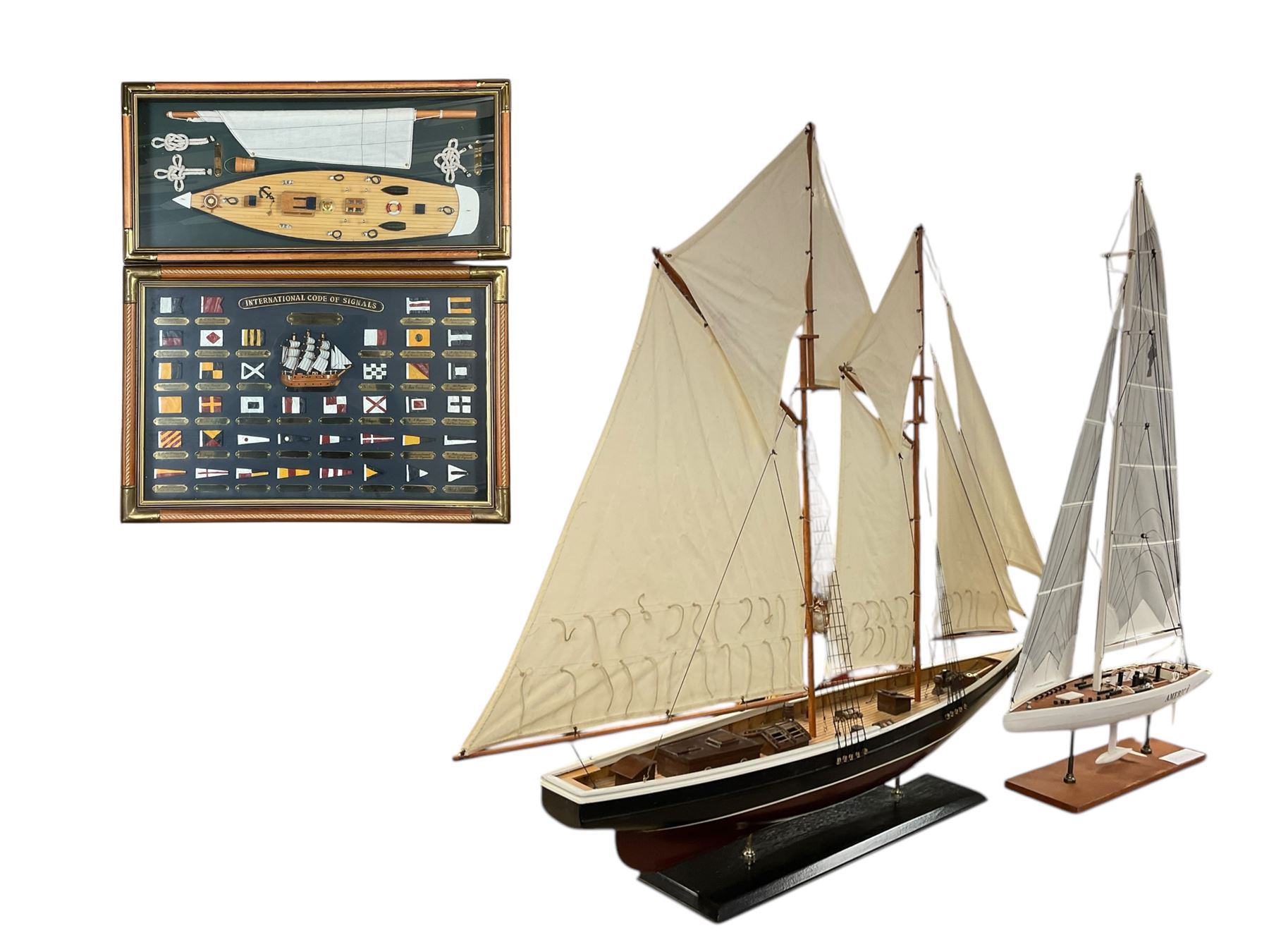 Two yacht models, together with frame International Code of Signals and another framed diorama, largest yacht, H95cm