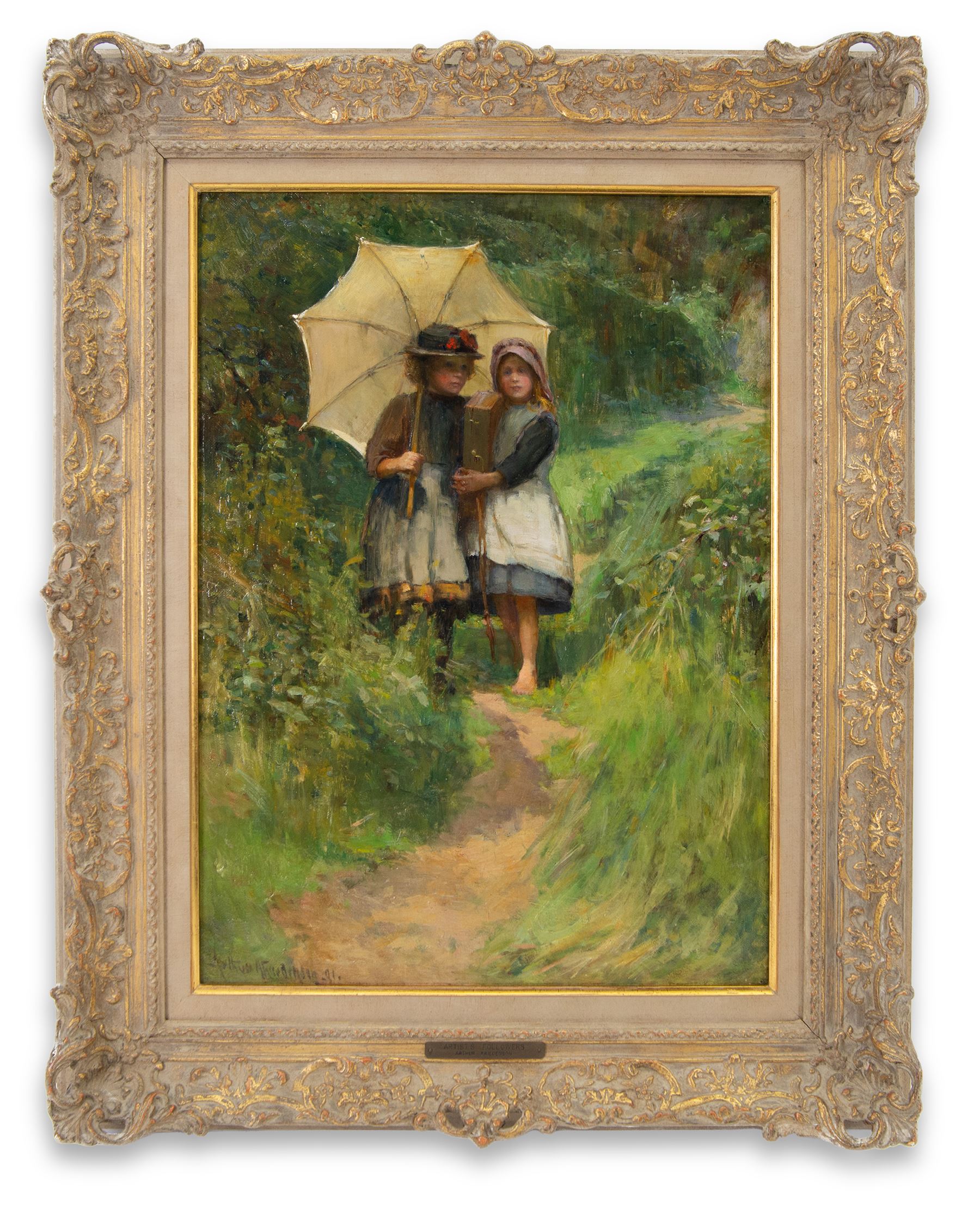 Arthur A Friedenson (Staithes Group 1872-1955): 'Artist's Followers', oil on canvas signed and dated '91, 55cm x 40cm 
Provenance: sold Christie's 11th October 1991 Lot 7 for £2,800. 
Notes: an unusual, early work by Friedenson, painted when the artist was only 19; he first exhibited at the Royal Academy at the precocious young age of 17.