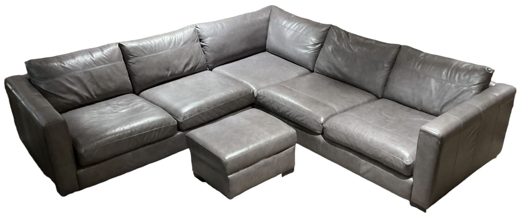 Sofa Workshop - five-seat corner sofa; matching footstool; upholstered in Italian grey leather 