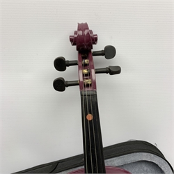 Archetto purple painted three-quarter size violin with 33.5cm back, bears label, 57cm overall, in fitted carrying case with bow
