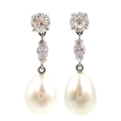  Pair of 18ct white gold South Sea pearl, marquise and round brilliant cut diamond pendant ear-rings, stamped 750, each round diamond approx 0.5 carat  