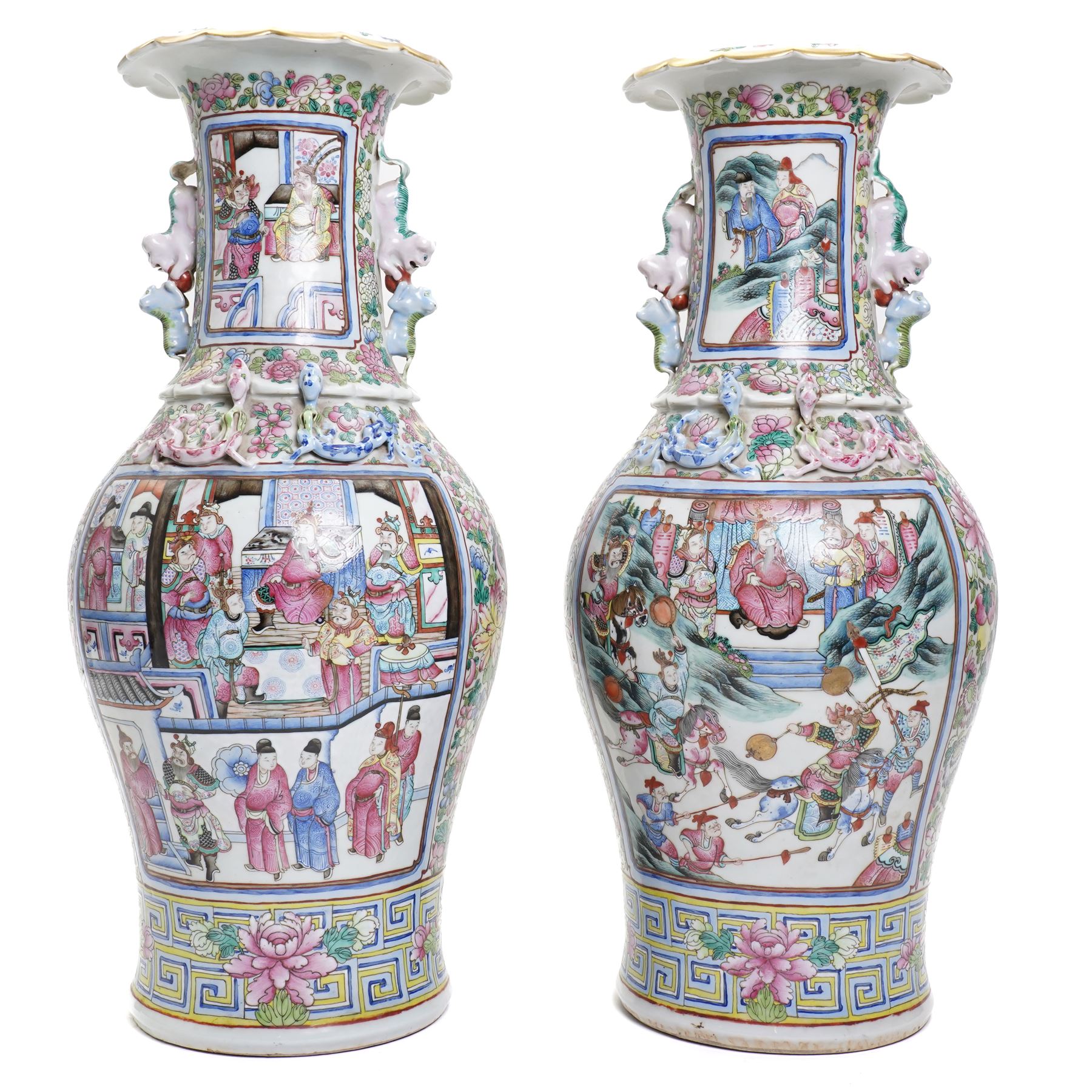 Large pair of 19th century Cantonese famille rose vases, each painted with various courtly scenes, including a display of warriors fighting on horseback before an official and his attendants, double Buddhist lion handles and applied at the shoulders with chilong, the lower band painted with Greek key motif, H58cm (2)