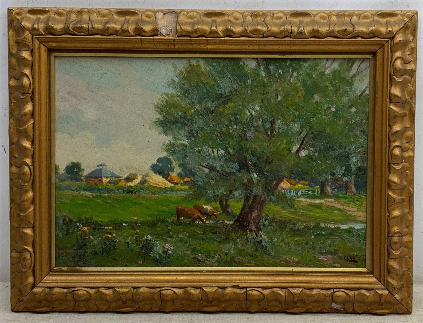 Ernest Cox (British exh.1909-1938): Cattle 'In Wilford' Nottingham, oil on board signed, titled verso 26cm x 39cm