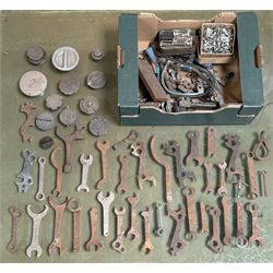 Collection of vintage bicycle spanners, car battery terminals, fittings, radiator caps etc...