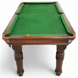 Riley - oak quarter size snooker table with dining table leaves, rise and fall top, on turned and fluted supports 