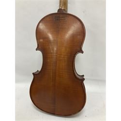 Four violins 1/8th size; half size with Nicolas Bertholini label; three-quarter size with Stradivarius copy label; and full size with Marquis De L'Air label (4)