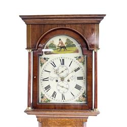 Thomas Gibson of Berwick - oak and mahogany 8-day longcase clock c 1860, with a flat topped pediment and recessed break arch door beneath, free standing pilasters with brass capitals, trunk with quarter columns to the corners and a wavy topped door, on a rectangular oak plinth with a shaped base,  painted dial with floral spandrels and a sporting scene to the break arch, Roman numerals, minute track and subsidiary seconds and date dial's, matching stamped brass hands pinned via a false plate to a rack striking movement, striking the hours on a bell. With weights, pendulum and key.   