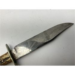 Hunting knife by J Nowill & Sons, Sheffield, the handle inset with mother of pearl, blade length 19cm; George Wolstenholme IXL lock-knife with antler scales L29cm open; and another Bowie style hunting knife marked 'V.R. Warranted Sheffield Joseph Ellis & Sons' in leather sheath (3)