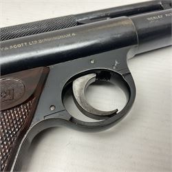 Webley Senior .22 cal. air pistol with top lever action, serial no.273; in original box with label under lid; together with two tins of pellets NB: AGE RESTRICTIONS APPLY TO THE PURCHASE OF AIR WEAPONS.