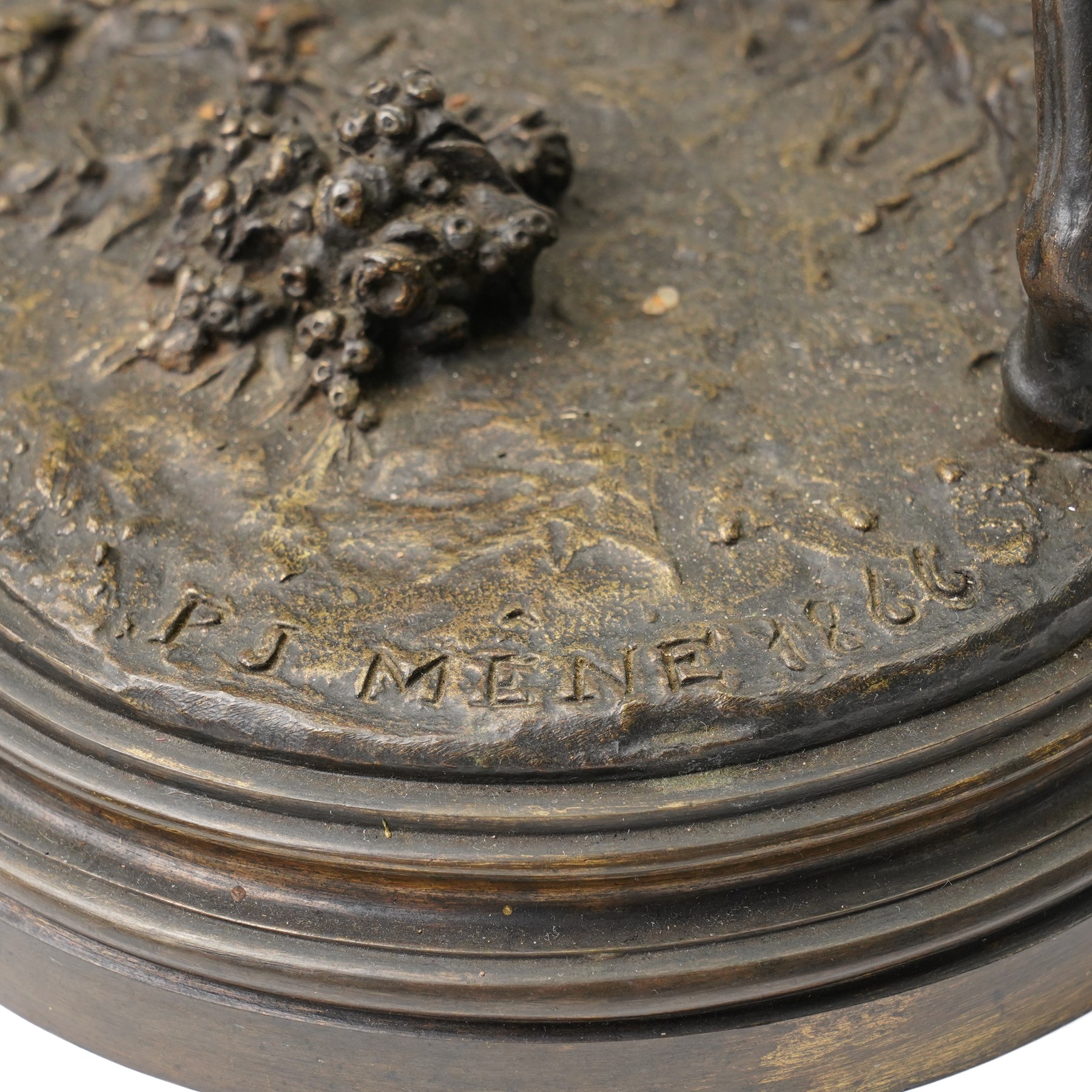 After Pierre Jules Mene (French 1810-1879): Vainqueur!!!, bronze equestrian group of a Derby jockey leading his horse on naturalistic moulded oval base, titled signed and dated 1866, H37cm W43cm