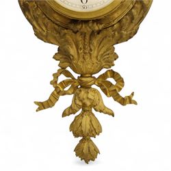 French- late 19th century cast brass and ormolu 8-day cartel wall clock, with a profusely decorated case comprising urn finials garland wreaths, ribbon bows and French cockerels, white enamel dial with minute track, Arabic numerals, garland swags and pierced gilt hands, twin train movement with a recoil anchor escapement and countwheel strike, striking the hours and half-hours on a bell. With pendulum and key.
