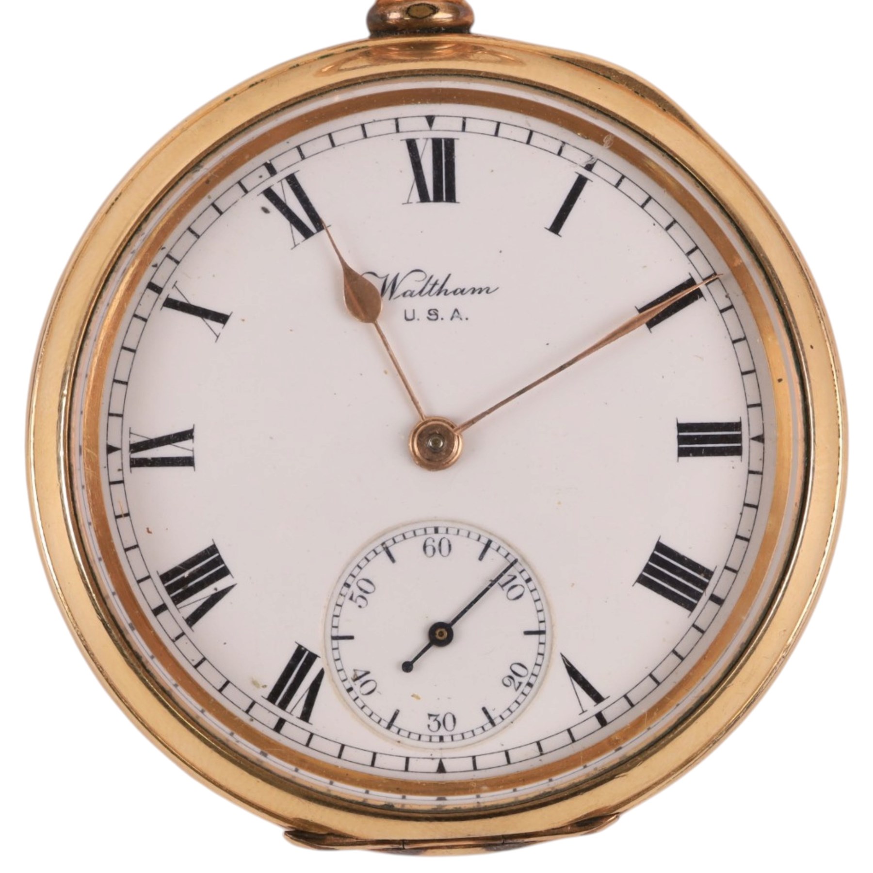 Early 20th century gold-plated keyless lever pocket watch by American Watch Company, Waltham, on 9ct gold chain, with gilt clip