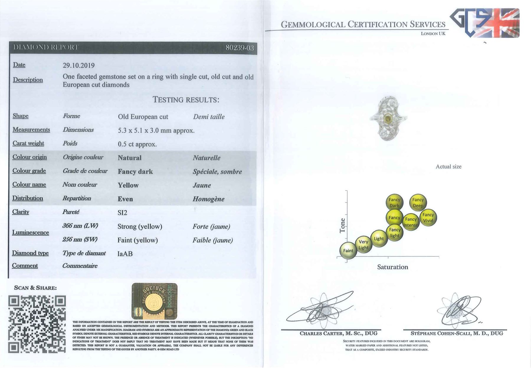 Early 20th century platinum diamond swirl ring, the principal old cut fancy yellow diamond of approx 0.50 carat, surrounded by old cut and single cut diamonds, in a milgrain pierced foliate design setting, total diamond weight approx 1.25 carat, with GCS certificate