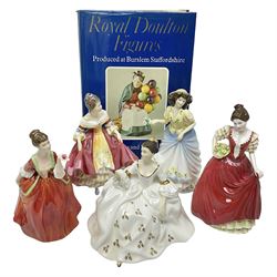 Five Royal Doulton figures, comprising Flower of Love HN3970, Emily HN3688, Southern Belle HN2229, Helen HN3886 and My Love HN2339, all with printed mark beneath, some with boxes, together with a Royal Doulton Figures reference book by D Eyles and R Dennis