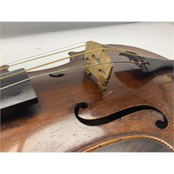 German trade violin c1900 with 35.5cm two-piece maple back and spruce top; bears label 'Made in Germany Apollo Class 6 No.2132' L59cm; in carrying case with two bows