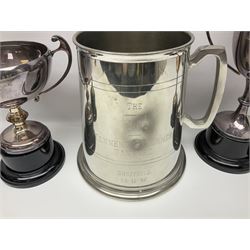 Collection of pewter and silver-plated trophy cups and presentation tankards, largest H28cm
