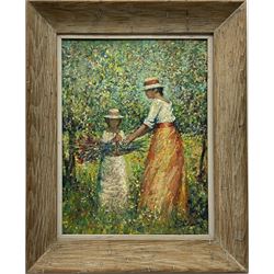 Philip A Corley (Irish/American 1944-): 'Picking Flowers', oil on canvas board signed with monogram 60cm x 45cm