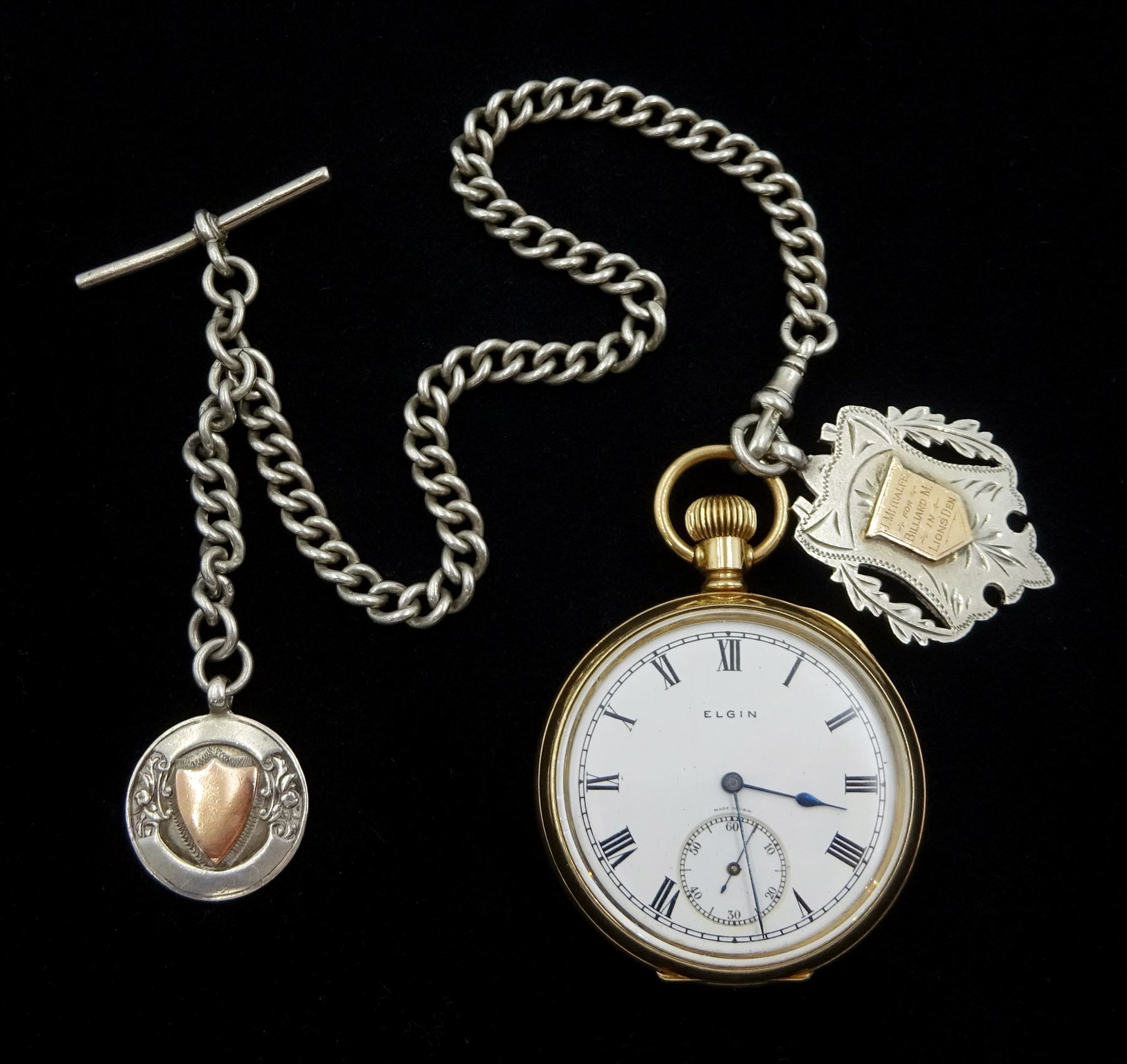 Early 20th century gold-plated keyless lever pocket watch by Elgin, U.S.A, No. 27217564, white enamel dial with subsidereary seconds dial, on silver Albert chain, each link hallmarked, with two silver fobs