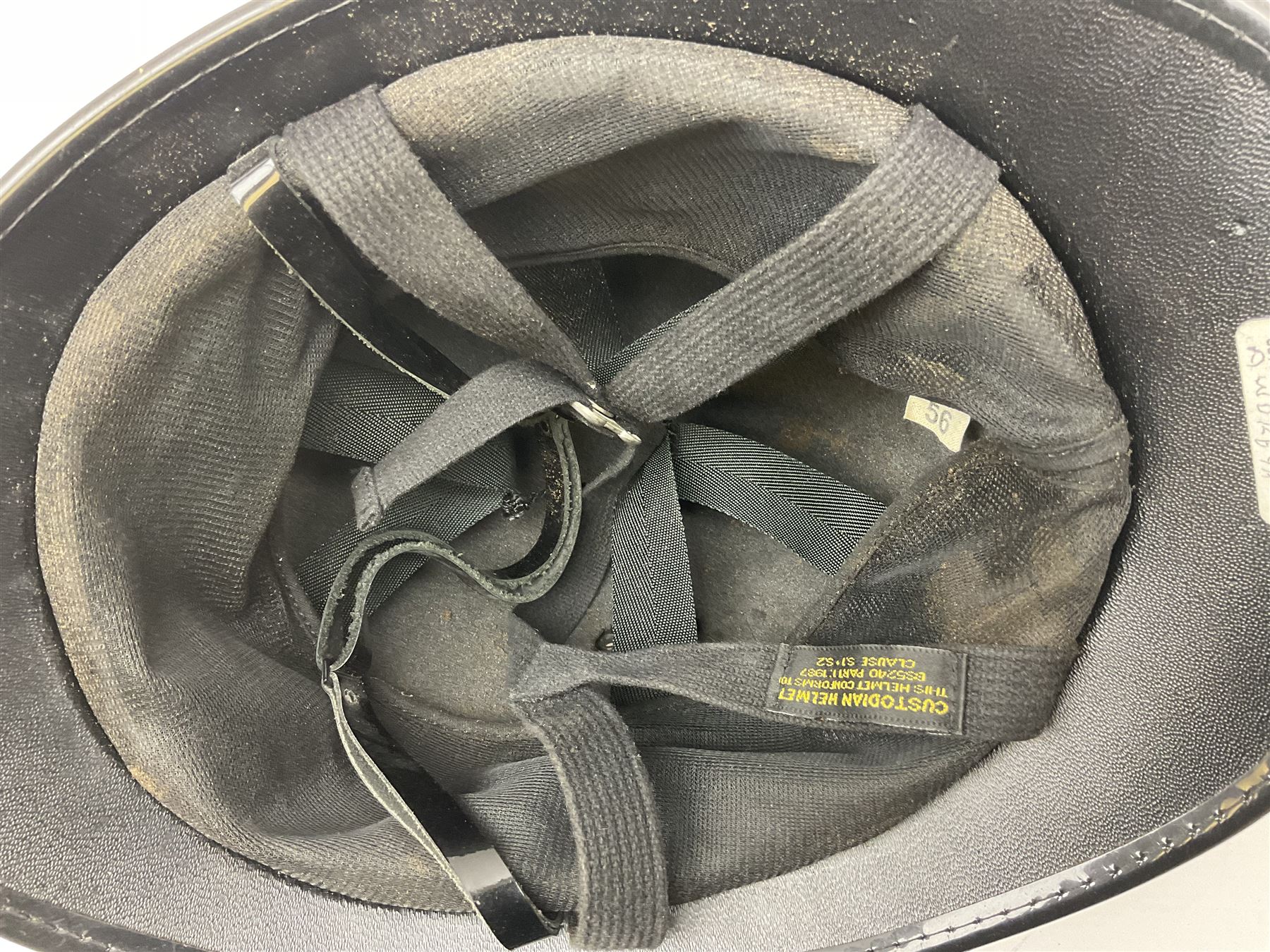 British Transport Police Custodian helmet with Queen's Crown plate; Hiatt & Co ebonised hardwood patrol truncheon; and pair of Hiatts 1960 hand-cuffs (3)