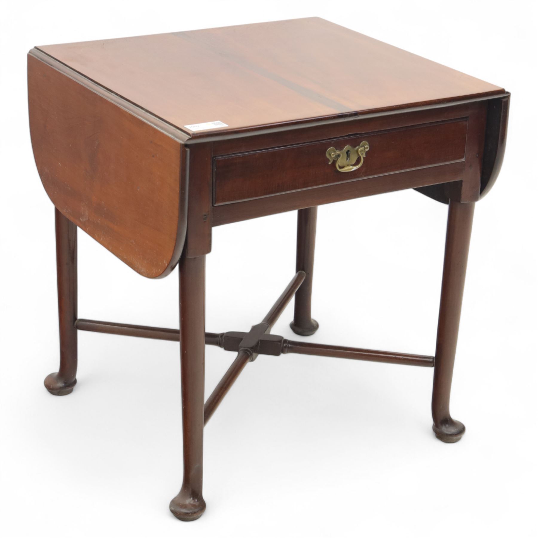 Early 20th century Georgian design mahogany drop leaf table, rectangular top with twin drop leaves above a single frieze drawer on sender tapered legs united by a cross-stretcher and terminating in pad feet  
