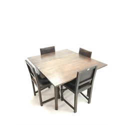 Georgian oak drop leaf dining table, square supports (W132cm, H73cm, D114cm) and four oak framed dining chairs upholstered in studded leather, turned supports (W50cm)