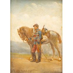 Attrib. Jean-Baptiste Édouard Detaille (French 1848-1912): A French Cavalryman Feeding his...
