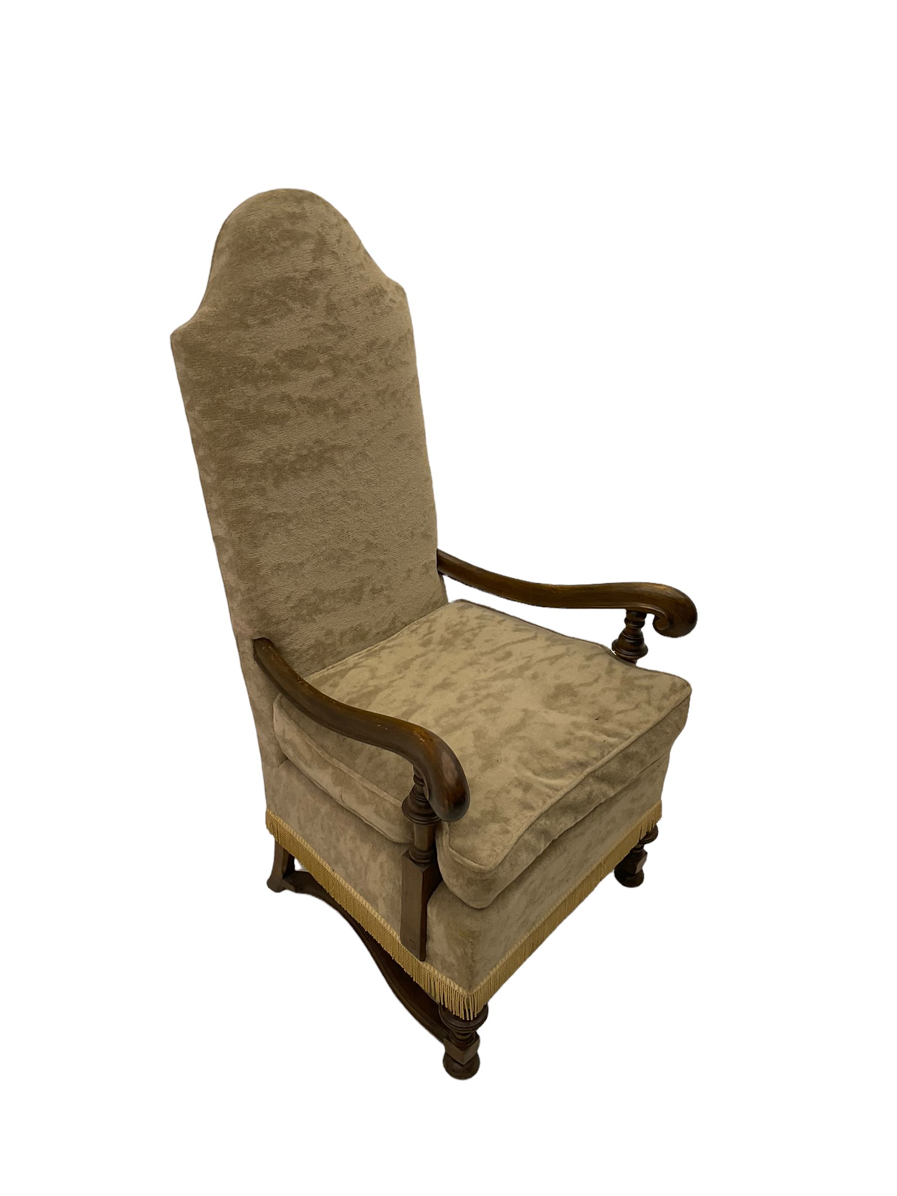 18th century design Continental walnut framed armchair, high shaped back, scroll arms