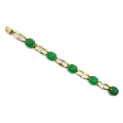  Five stone cushion cut cabochon jade, gold link bracelet, stamped 15ct  