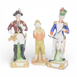 Royal Worcester porcelain figure, Irish Man no. 835, H17.5cm, together with two Naples figures, the first modelled as a Napoleonic soldier, the second as a drummer, tallest H23cm 