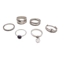 Six Pandora silver stone set rings, all stamped 925 ALE