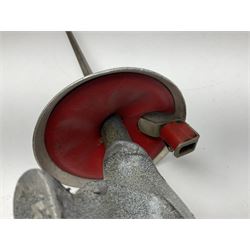 Late Victorian British Military gymnasium practice sword with 85.5cm fullered blunt pointed narrow straight blade, pierced bowl guard and chequered wooden grip L103cm overall; Leon Paul fencing foil with shaped grip and touche wiring; and two reproduction Indian tulwar swords with scabbards (4)