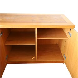 Light oak office sideboard cabinet, fitted with three doors, burr and figured panels