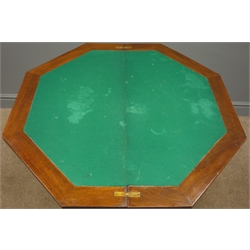  Early 20th century octagonal shaped mahogany folding games table, green baize, corner fret work brackets, square tapering supports with sabre stretchers joining undertier, W90cm, H71cm, D86cm, (maximum measurements)  
