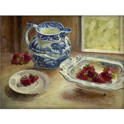 Iris Collett (British 1938-): Still Life of Strawberries and a Blue Jug, oil on board signed 33cm x 44cm
Provenance: from the artist's studio sale