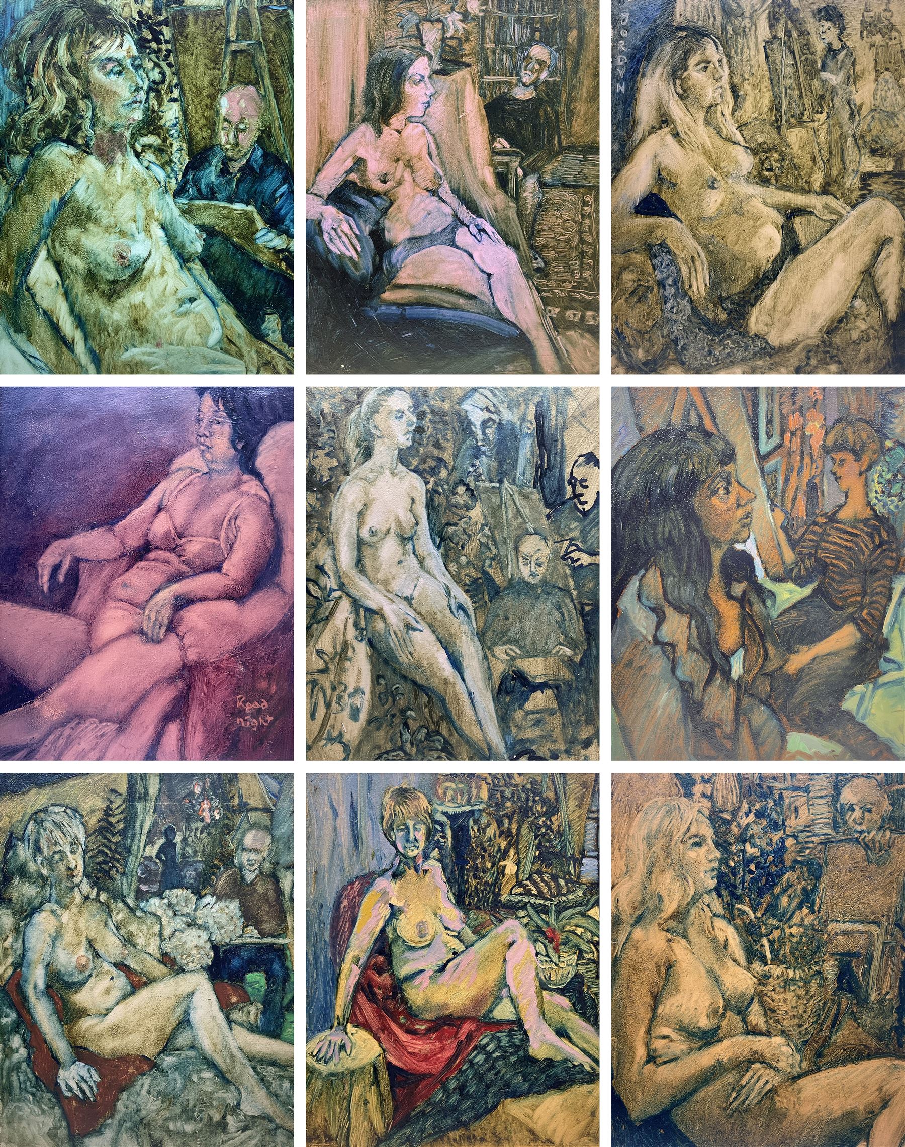 Raymond Arthur Roadnight (British 1941-): Female Nude Studies, nine oils on board, one signed, max 60cm x 50cm (9)
Provenance: the artist's studio collection. Born in High Wycombe, Roadnight spent three years training under Patrick Reyntiens and John Piper creating stained glass windows for Liverpool and Coventry cathedrals. These works included the great baptistry window in the New Coventry Cathedral, the 'Lantern' atop the Catholic Cathedral in Liverpool, and the grand windows in Oundle School Chapel. He has exhited at Royal Academy, Alfred East Gallery, Chichele College in Higham Ferriers, and Burleighfield House in Loudwater.