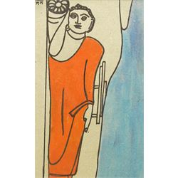 L K Karunaratne (Sri Lankan 1932-2013): Reclining Buddha, acrylic and ink on card signed w...